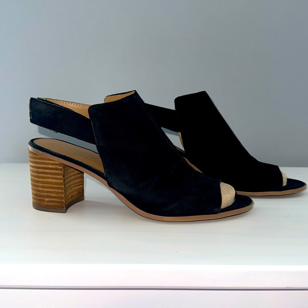 Franco Sarto Suede Opened Toe/square Heel- black- Size 8.5